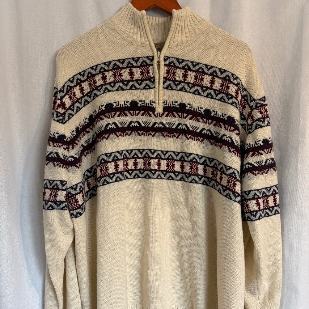Vintage Scandia Woods Men's XL Quarter Zip Ivory Geometric Stripes